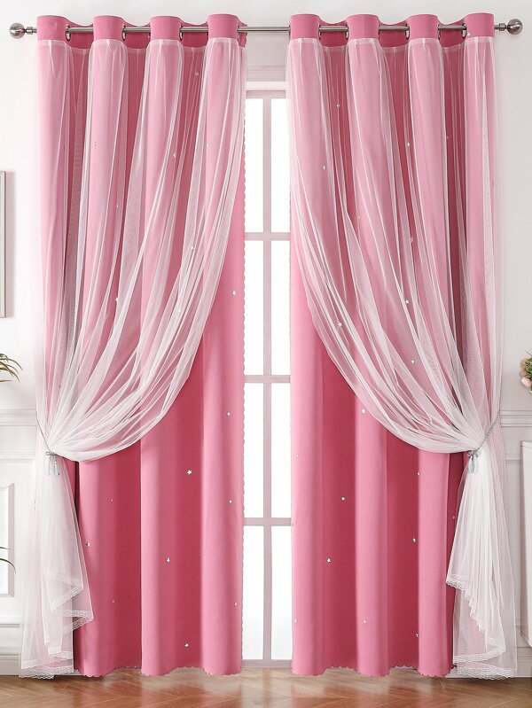 1pc Star Shaped Hollow Polyester Curtains, Darkening Curtains With Lace Sheers, Girls' Princess Style Double-Layered Blackout Curtains