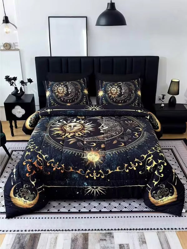 KTAbedding 3PCS Golden Sun And Moon Planet Intensification Quilt Set(1 Comforter+2 Pillowcases Without Pillow Core), Contains Padding 180gsm Quilting Soft Ventilate Digital Printing Bedroom Dormitory Room Decor King Size Quilt Cover Set